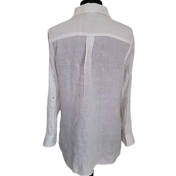 Talbots Women’s 100% Linen Popover Blouse White M Coastal Roll Tab Button Top - Picture 5 of 11